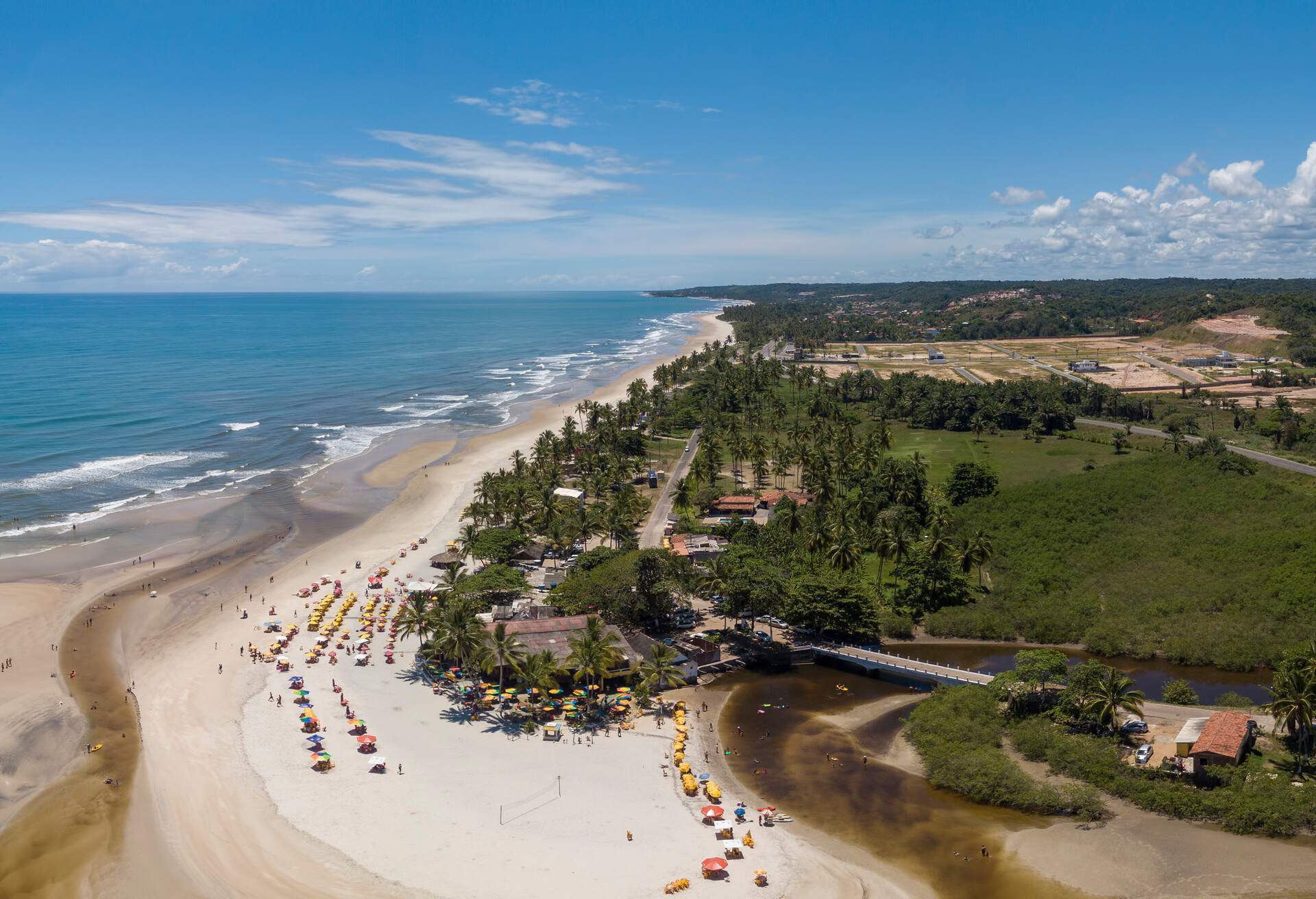 Aerial drone view of Cururupe beach in Ilhéus city, Bahia Brazil