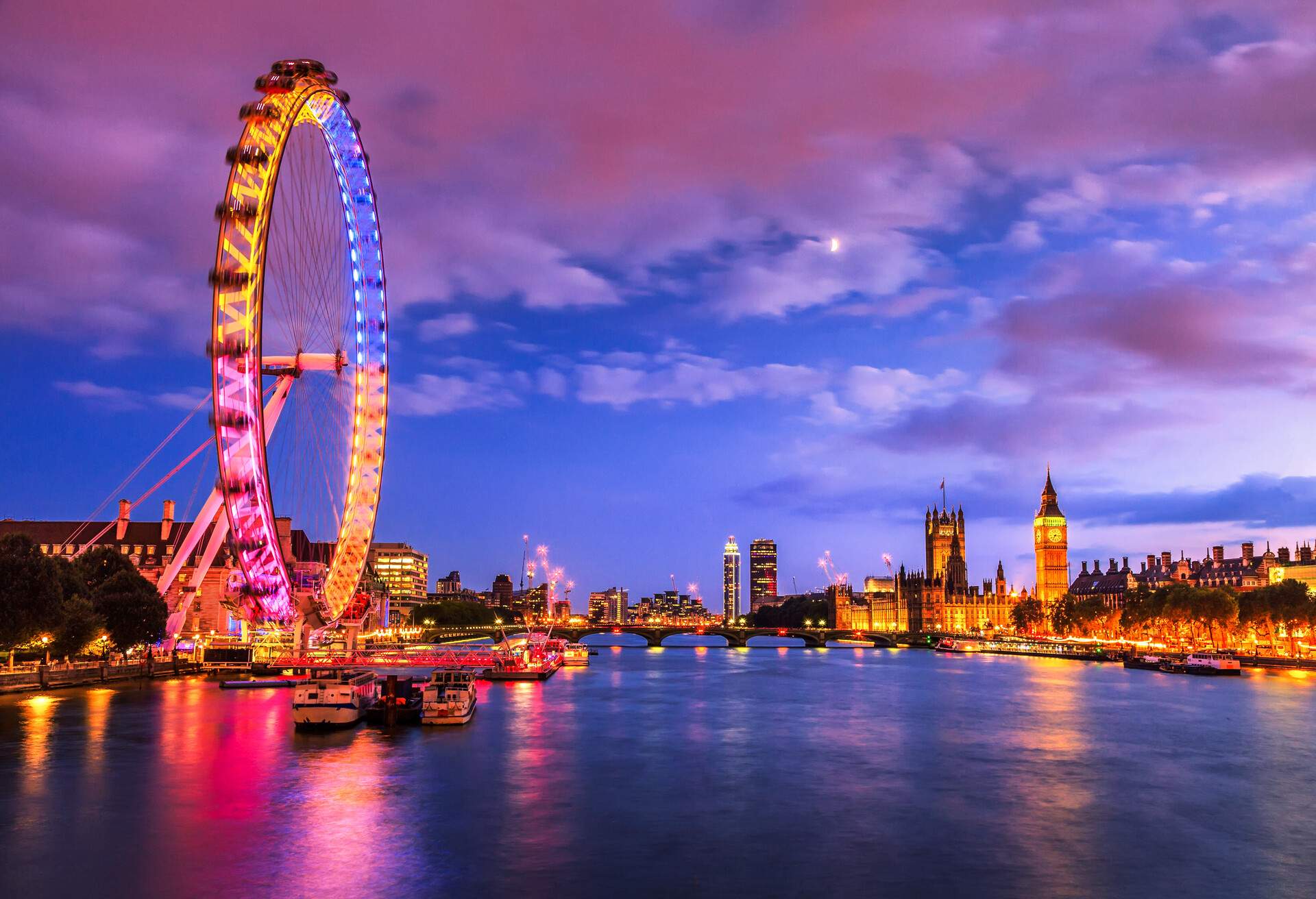 London at twilight. London eye, County Hall, Westminster Bridge, Big Ben and Houses of Parliament.; Shutterstock ID 366175394; Purpose: London Eye; Brand (KAYAK, Momondo, Any): Any