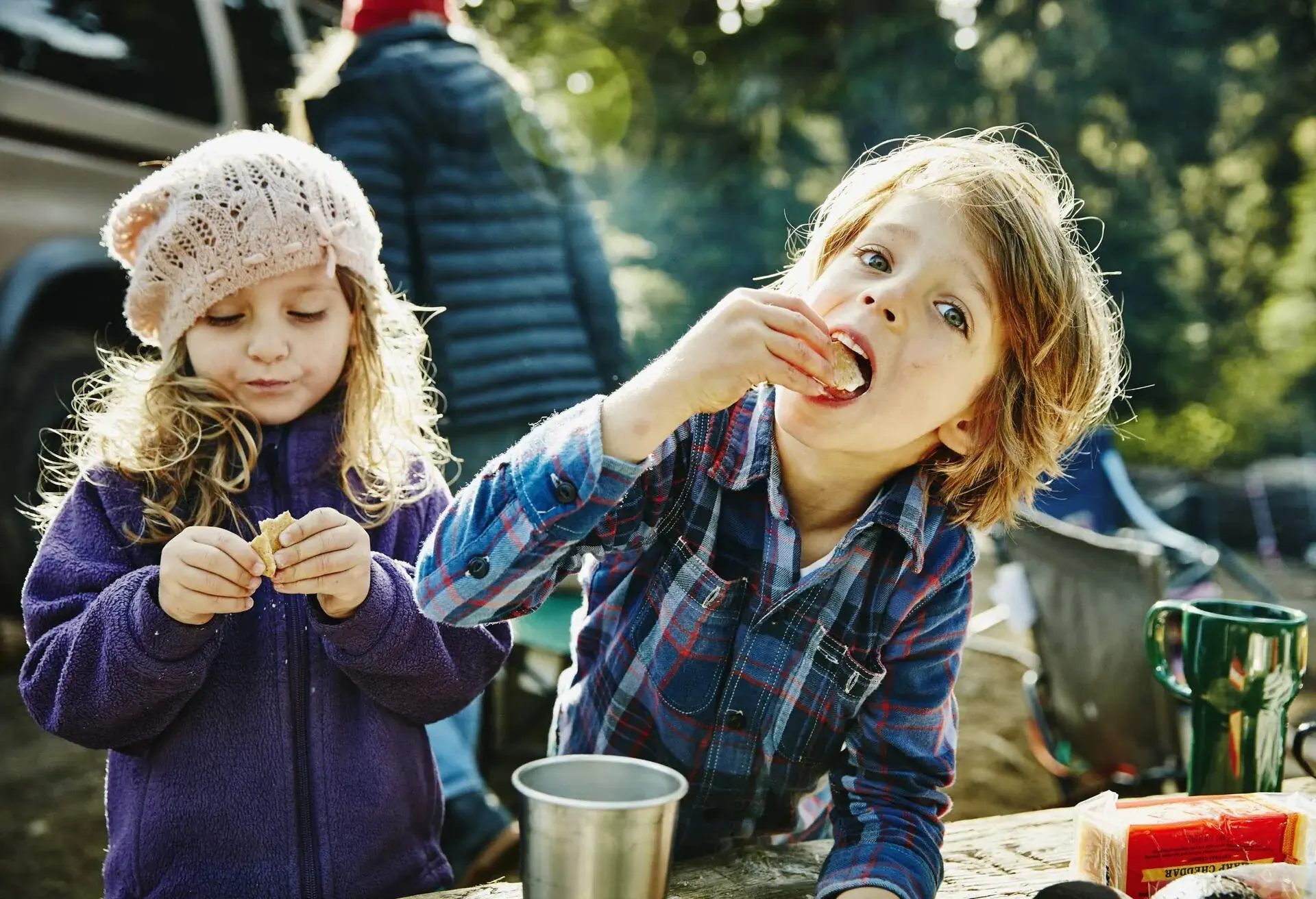 Kids eating during a family road trip break
