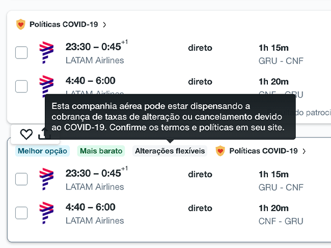 printscreen da busca de passagens aéreas com filtros flexíveis ativado