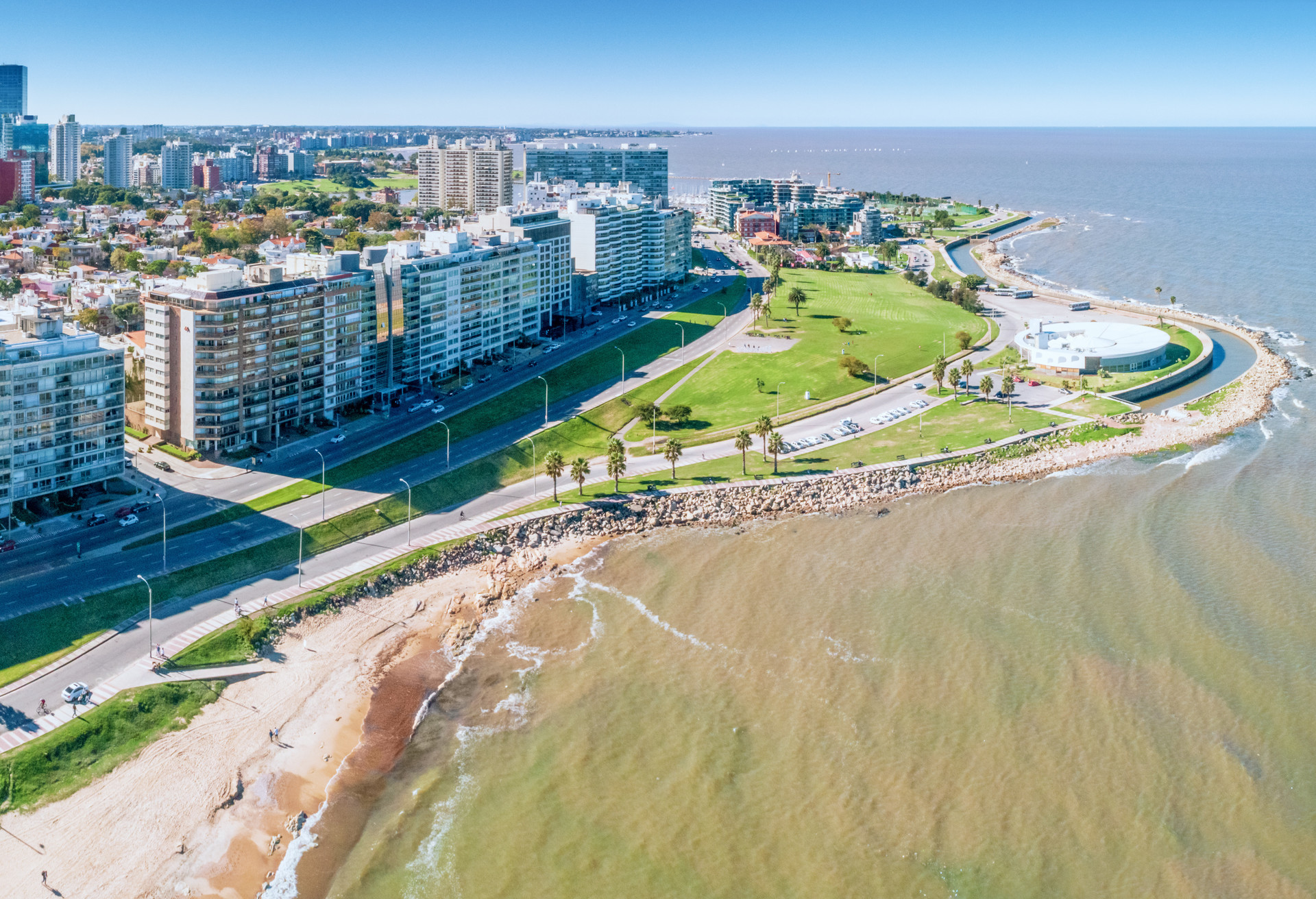 Aerial view, high angle view of Montevideo's coastline, Pocitos neighbourhood..Image taken outdoors, daylight.