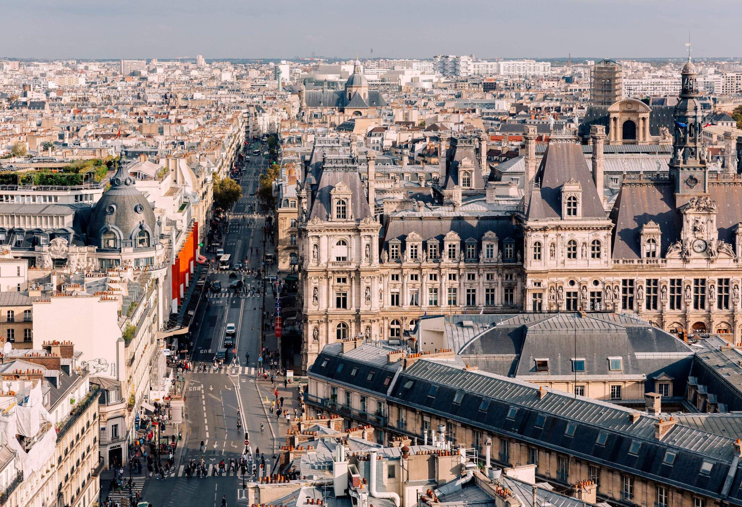 A Parisian skyline boasting its superb architecture along wide streets.