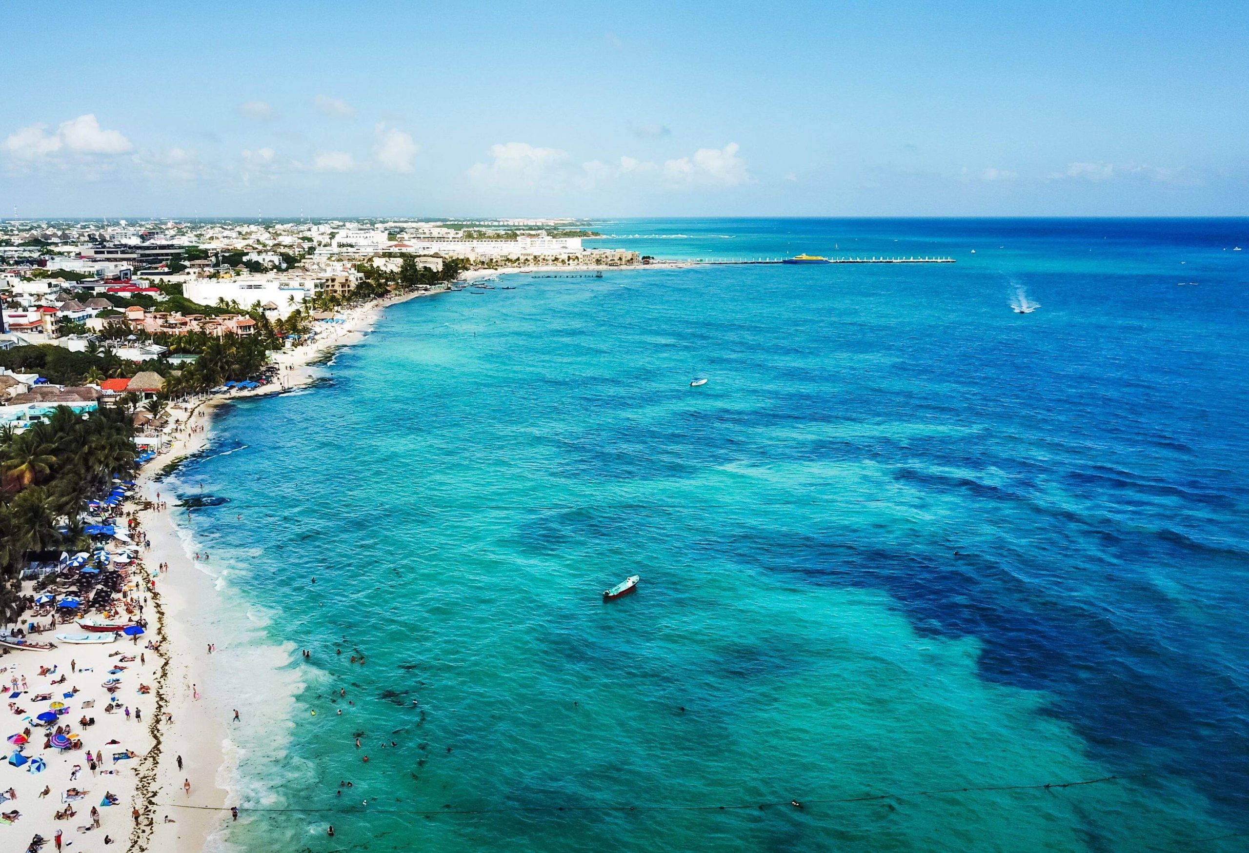 Aerial view of famous Playa del Carmen public beach in Quintana roo, Mexico