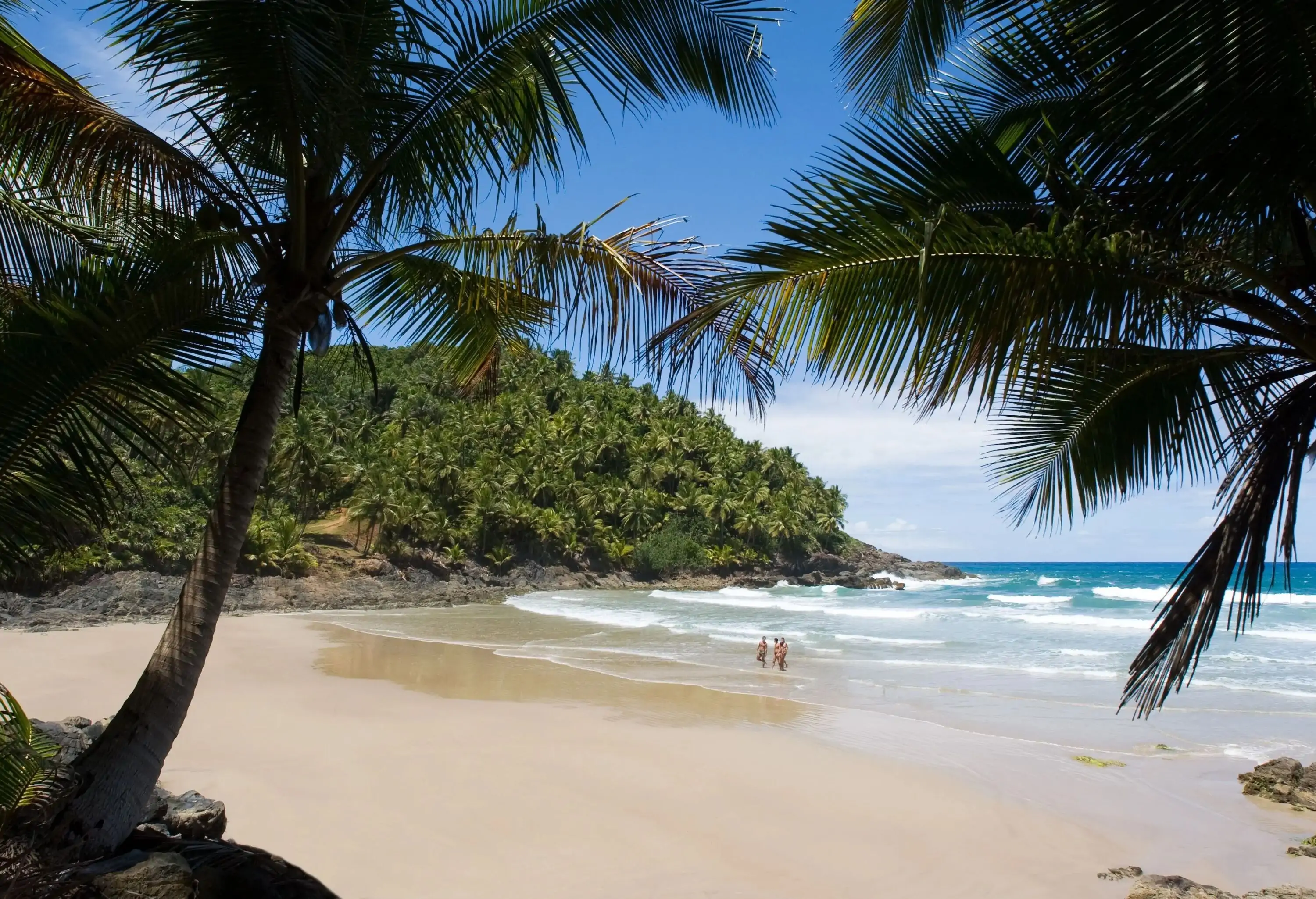 People walk towards the shore of a sandy shore by a wavy beach.