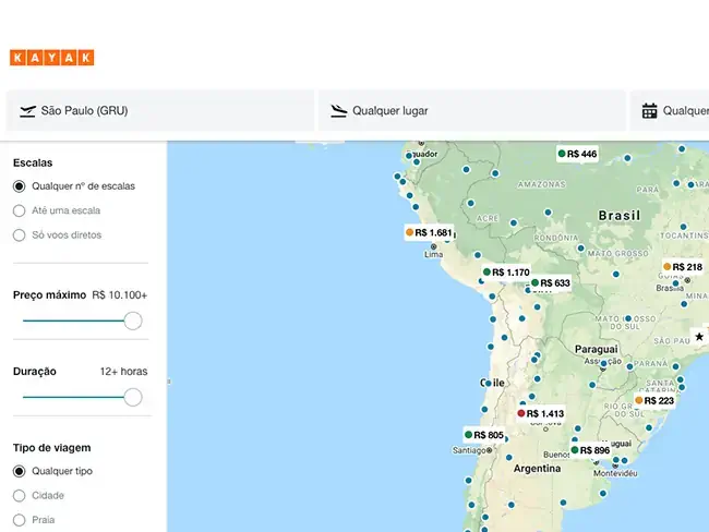 printscreen da tela na aba explorar do site kayak