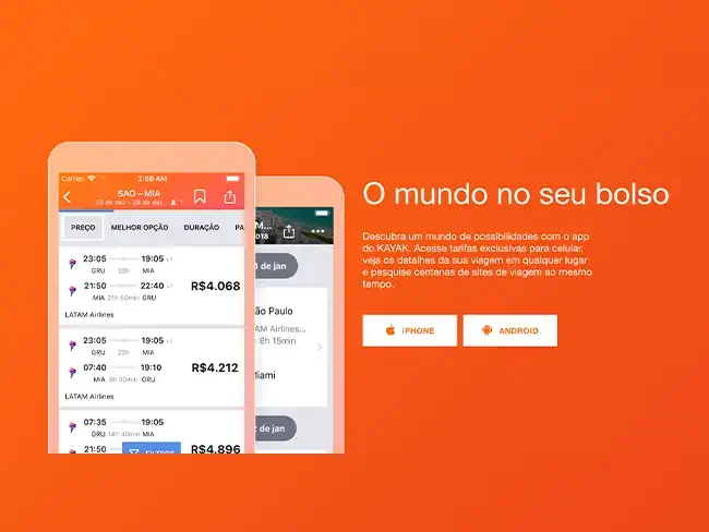 imagem com fundo laranja, dois celulares na esquerda mostrando o aplicativo do KAYAK e o texto