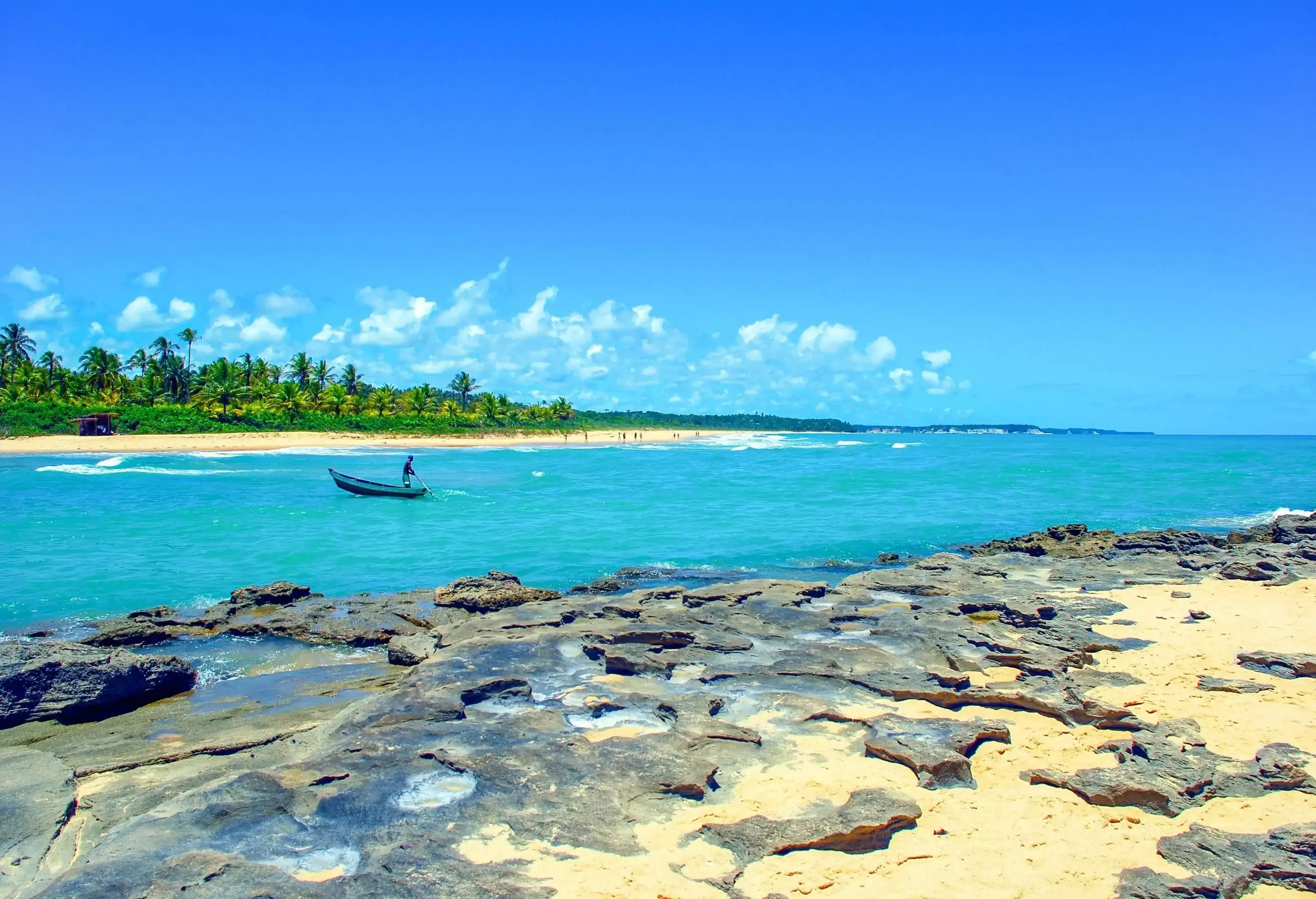 A rocky beach shore sets the stage as a lone boater navigates the waters, with an island adorned by tropical trees beckoning in the distance.