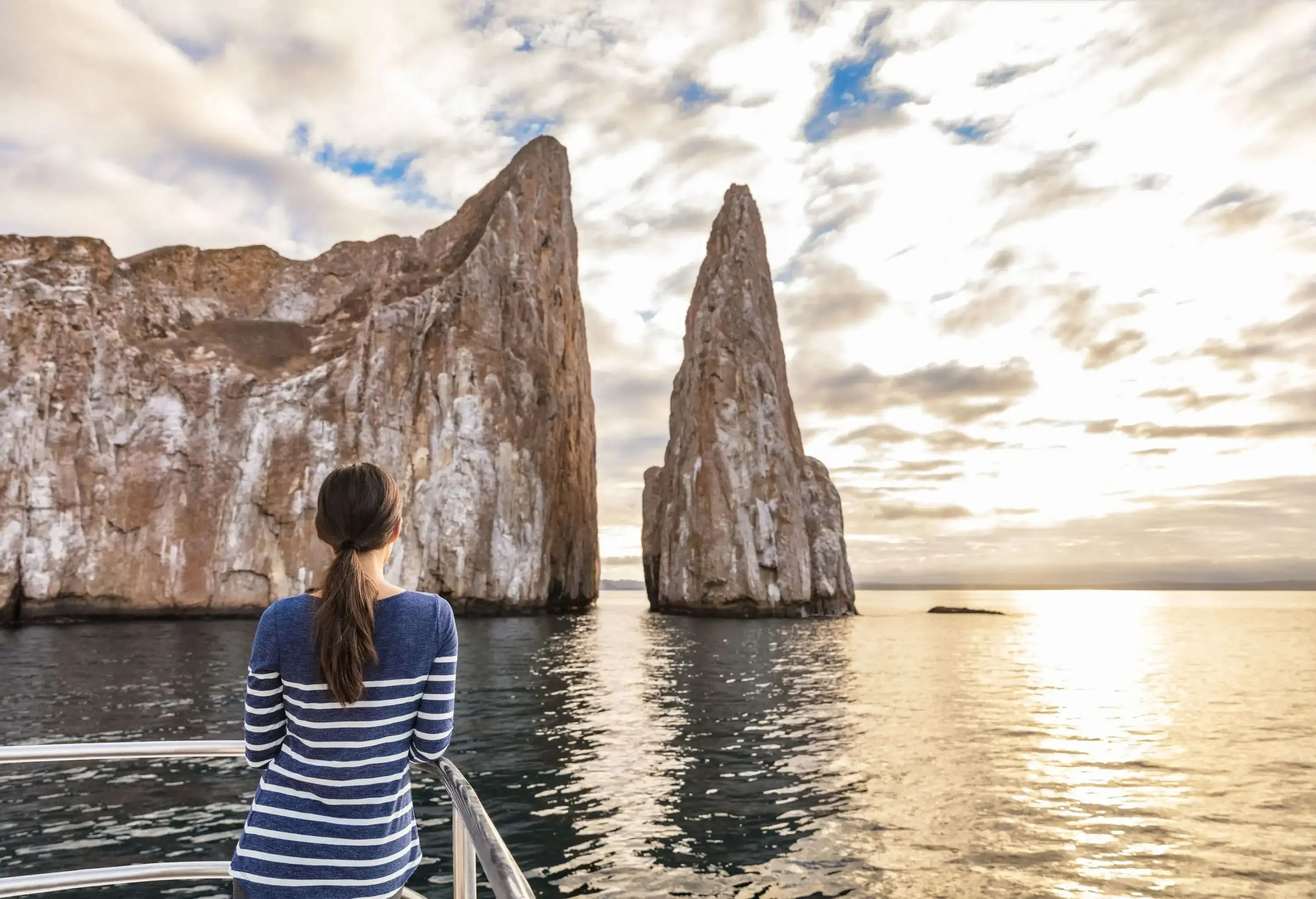 A person in a striped navy blue sweater leans on a railing and stares at a pointed rock formation in the ocean.