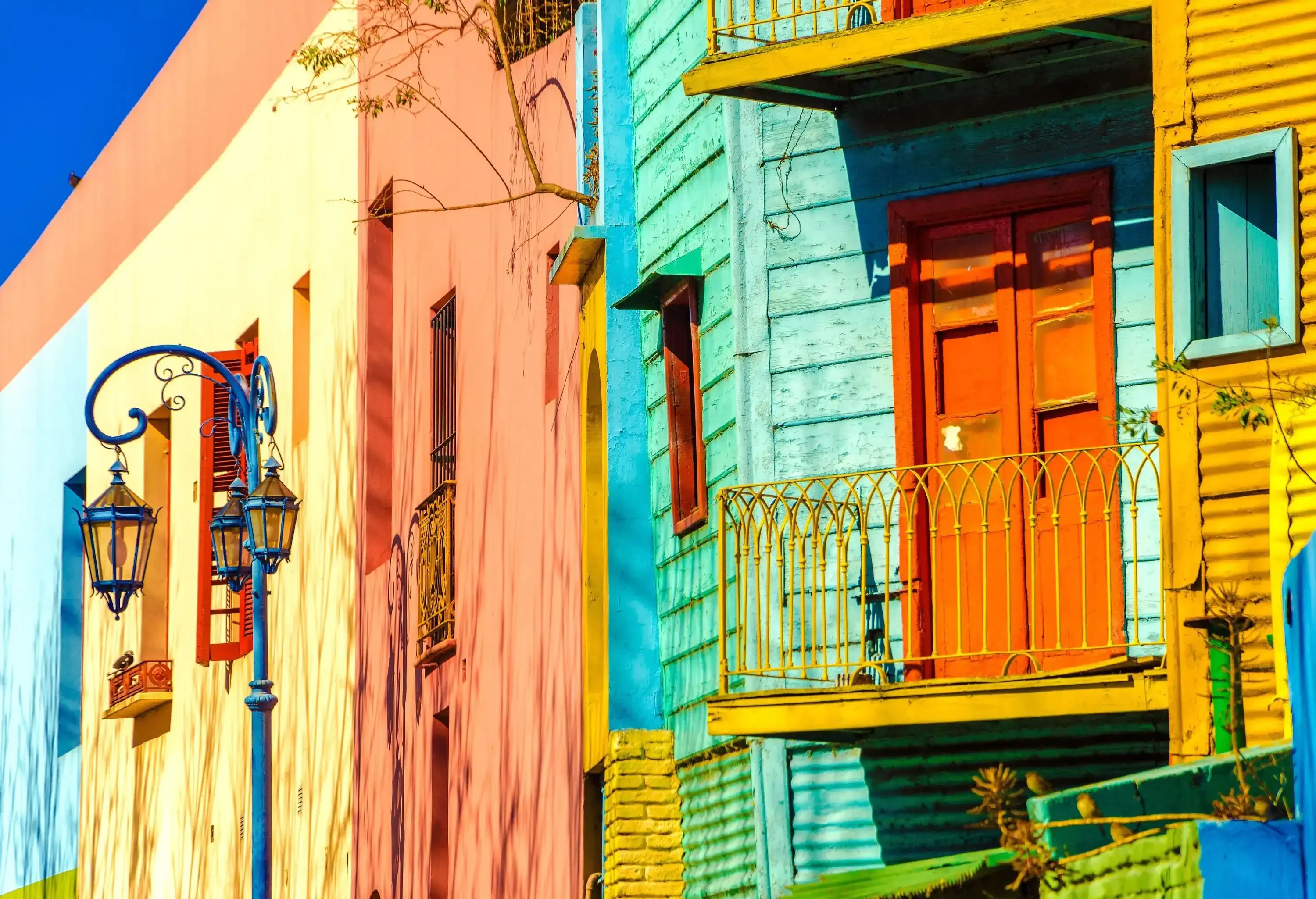 A neighbourhood with colourful and classic buildings.