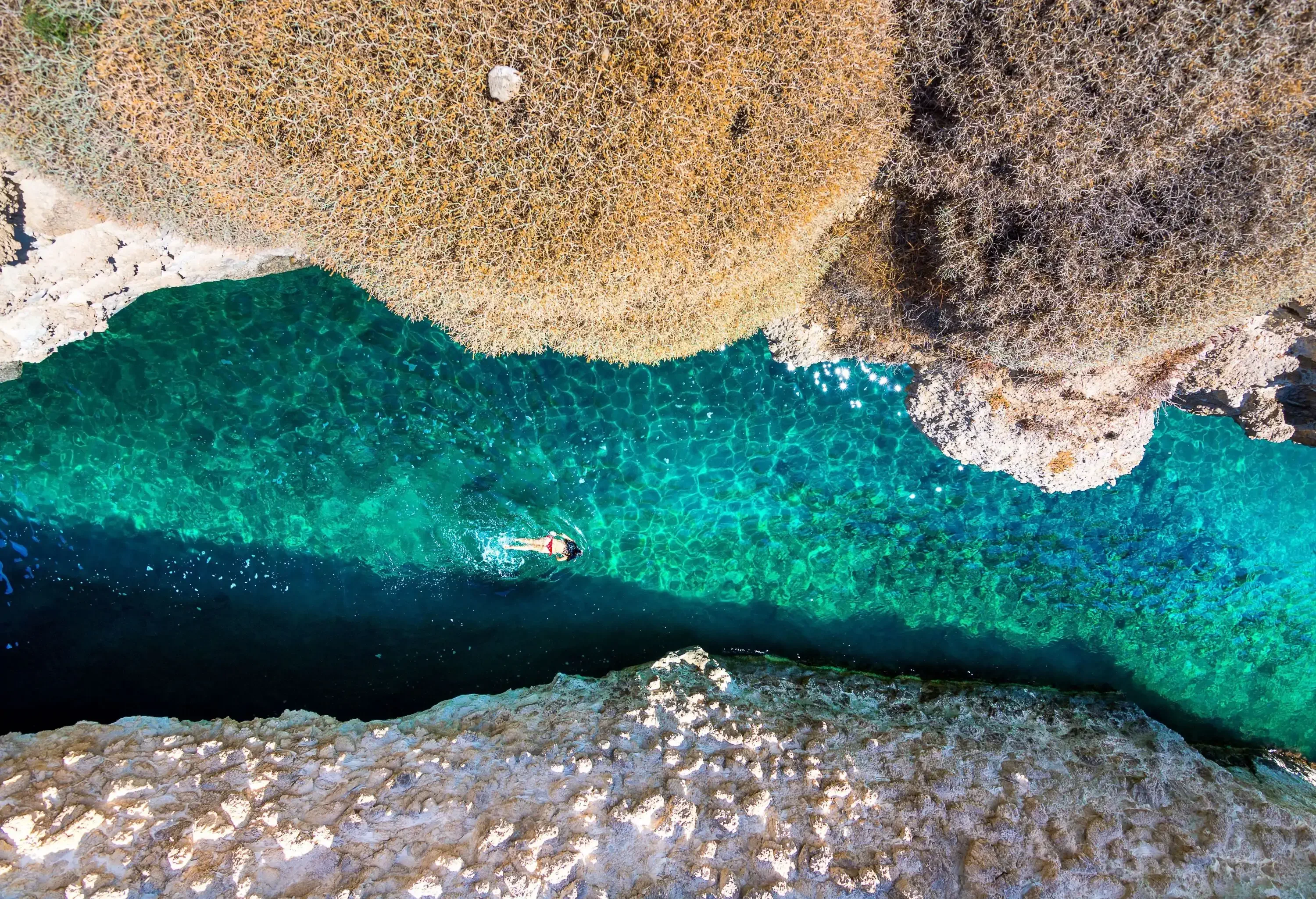 A person swims across a turquoise waterway between coastal rocks with thorny vegetation.