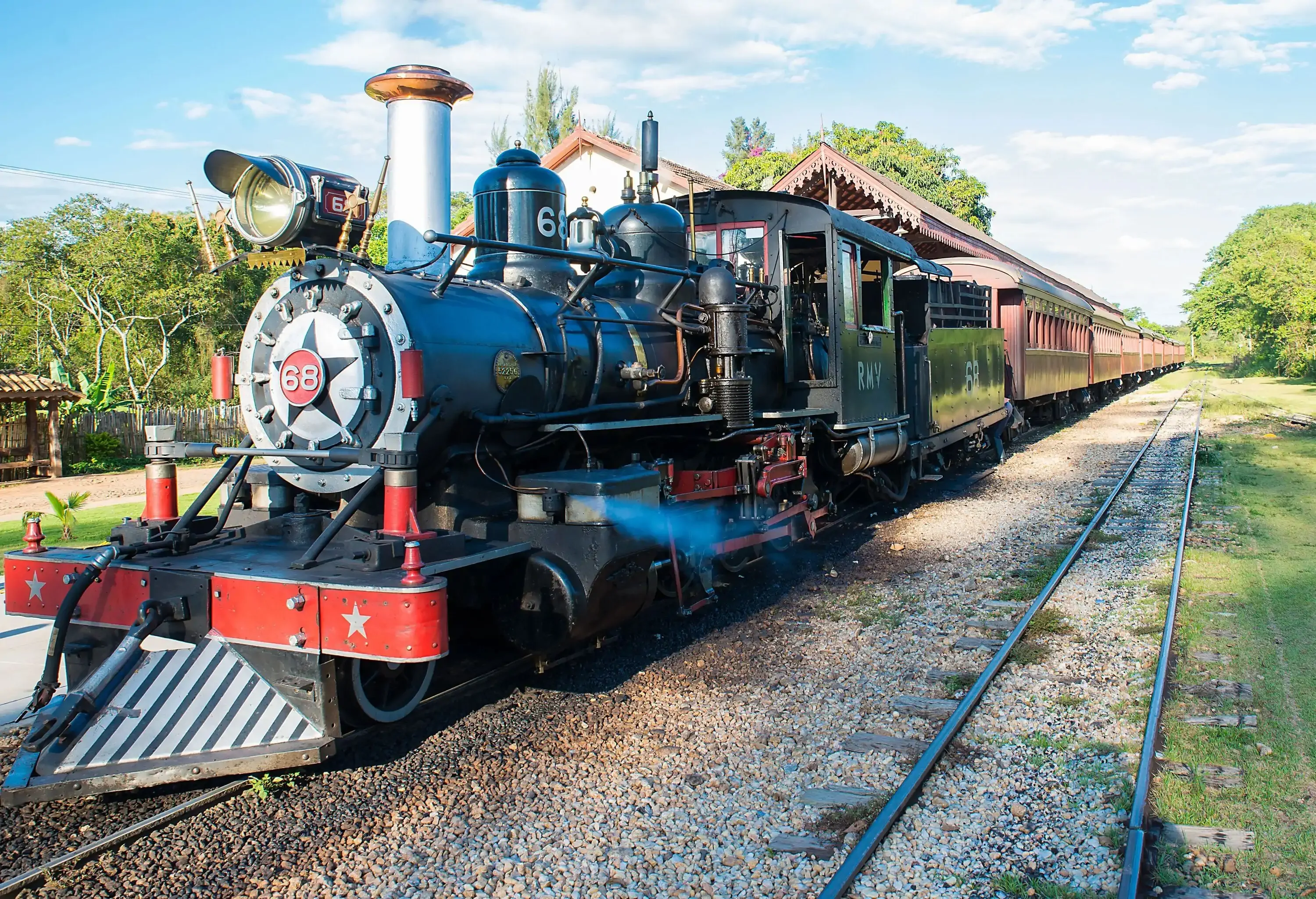 A long, old steam train stopped at the station.