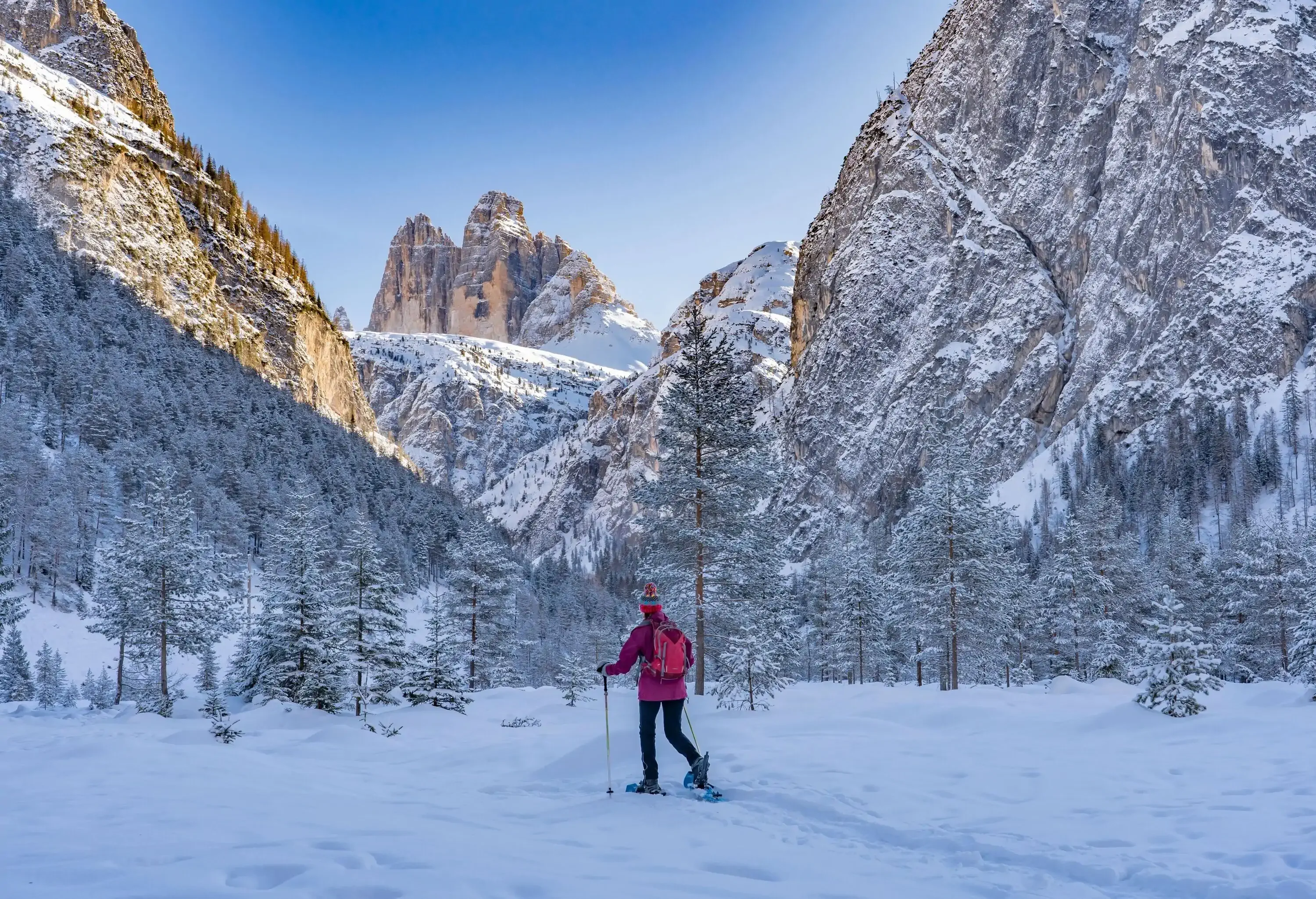 A woman with a snowshoe and sticks walks over the snow with trees and steep mountains in the background.