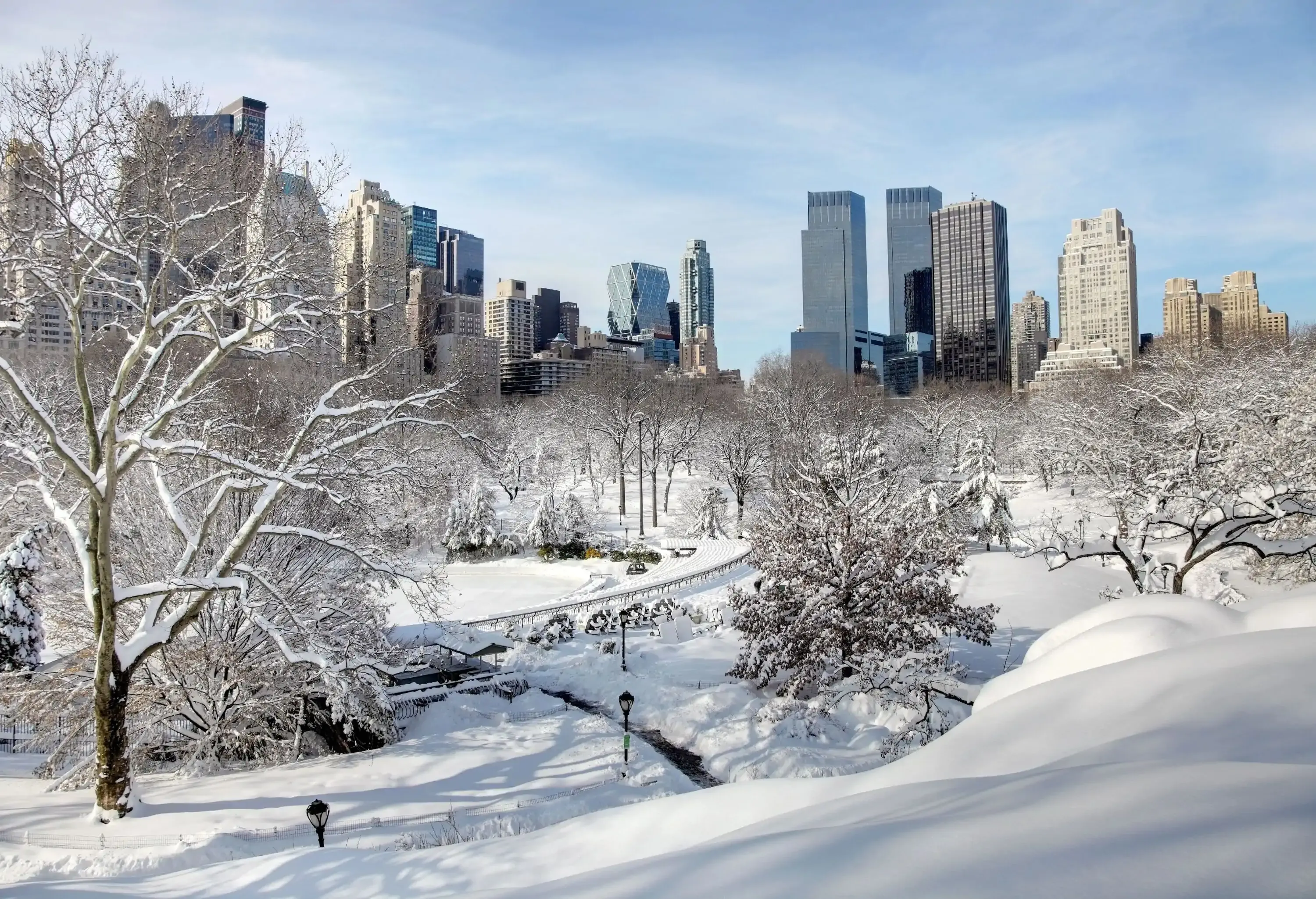 A public park covered in snow with a backdrop of towering skyscrapers.