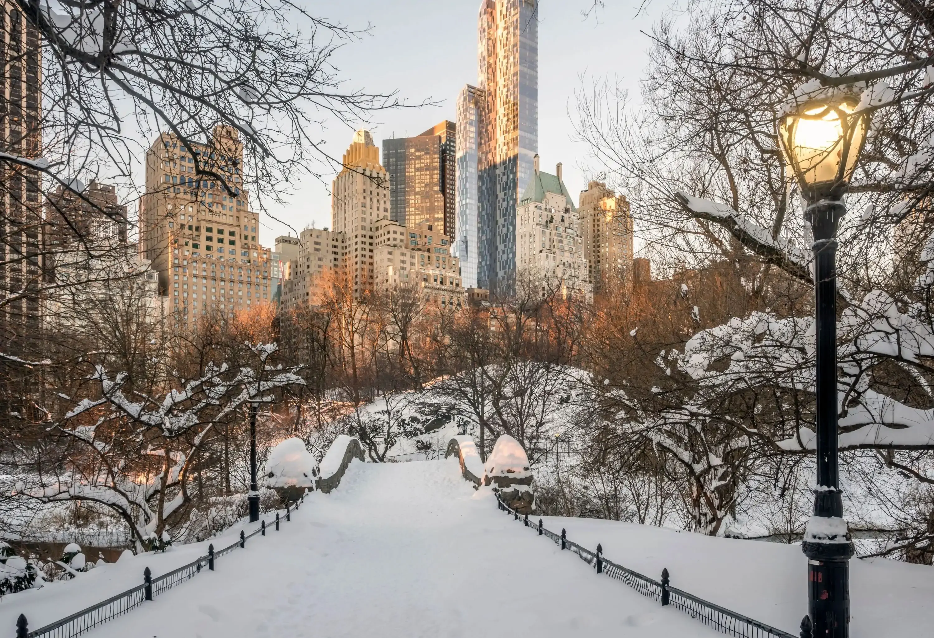 A snow-covered path towards a bridge in a park with bare trees against the backdrop of the city skyline.
