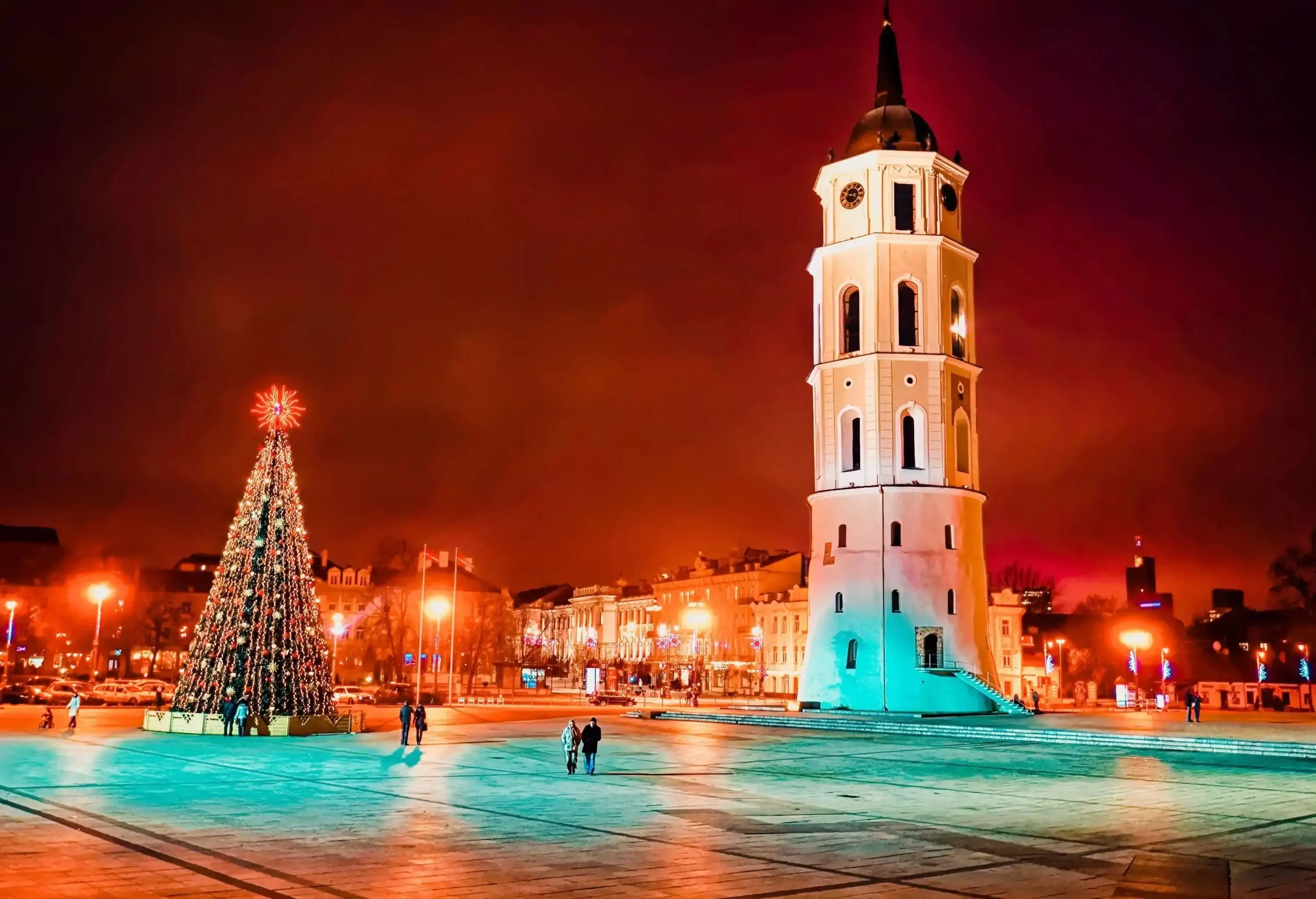 Cathedral square and Christmas tree in Vilnius in Lithuania lit at night
