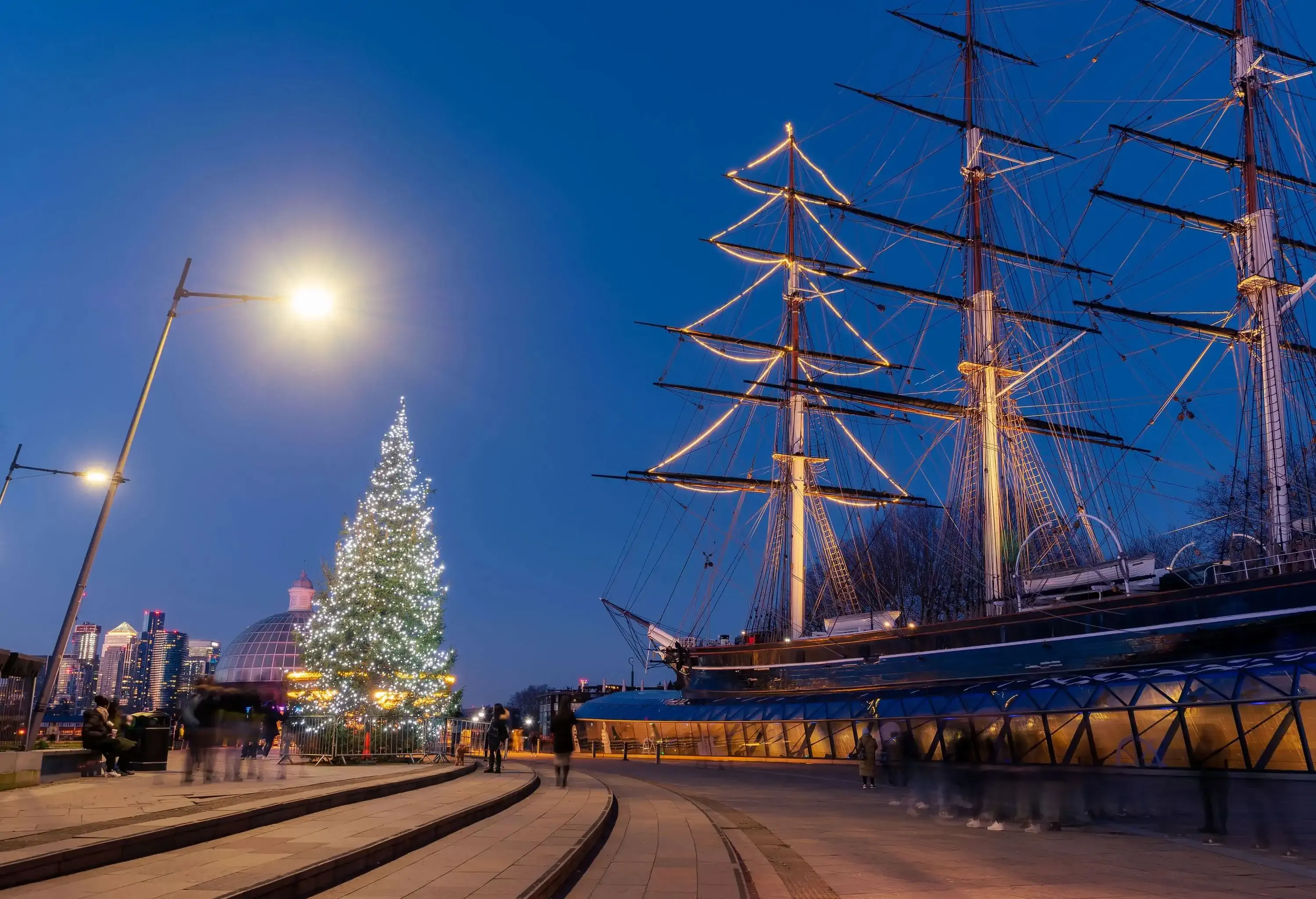 The famous Cutty Sark ship illuminated in Christmas lights