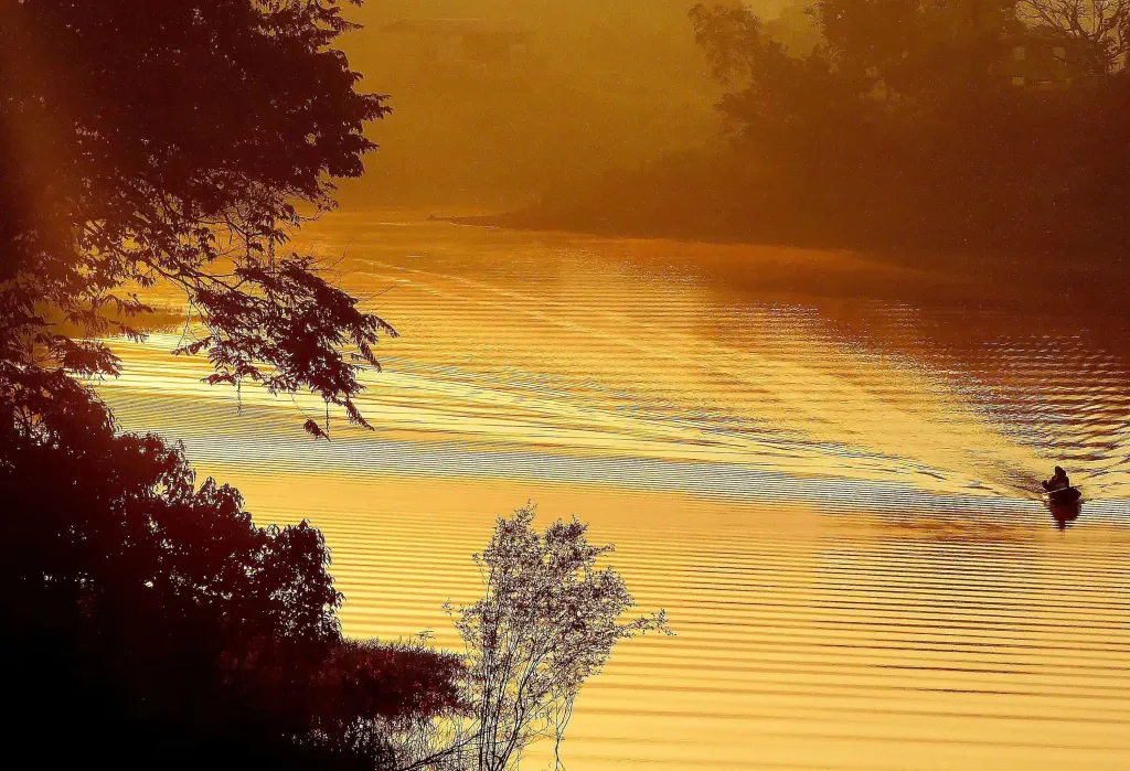 A man in a boat cruising across the rippling waters of a river stained by the golden hues of dawn.