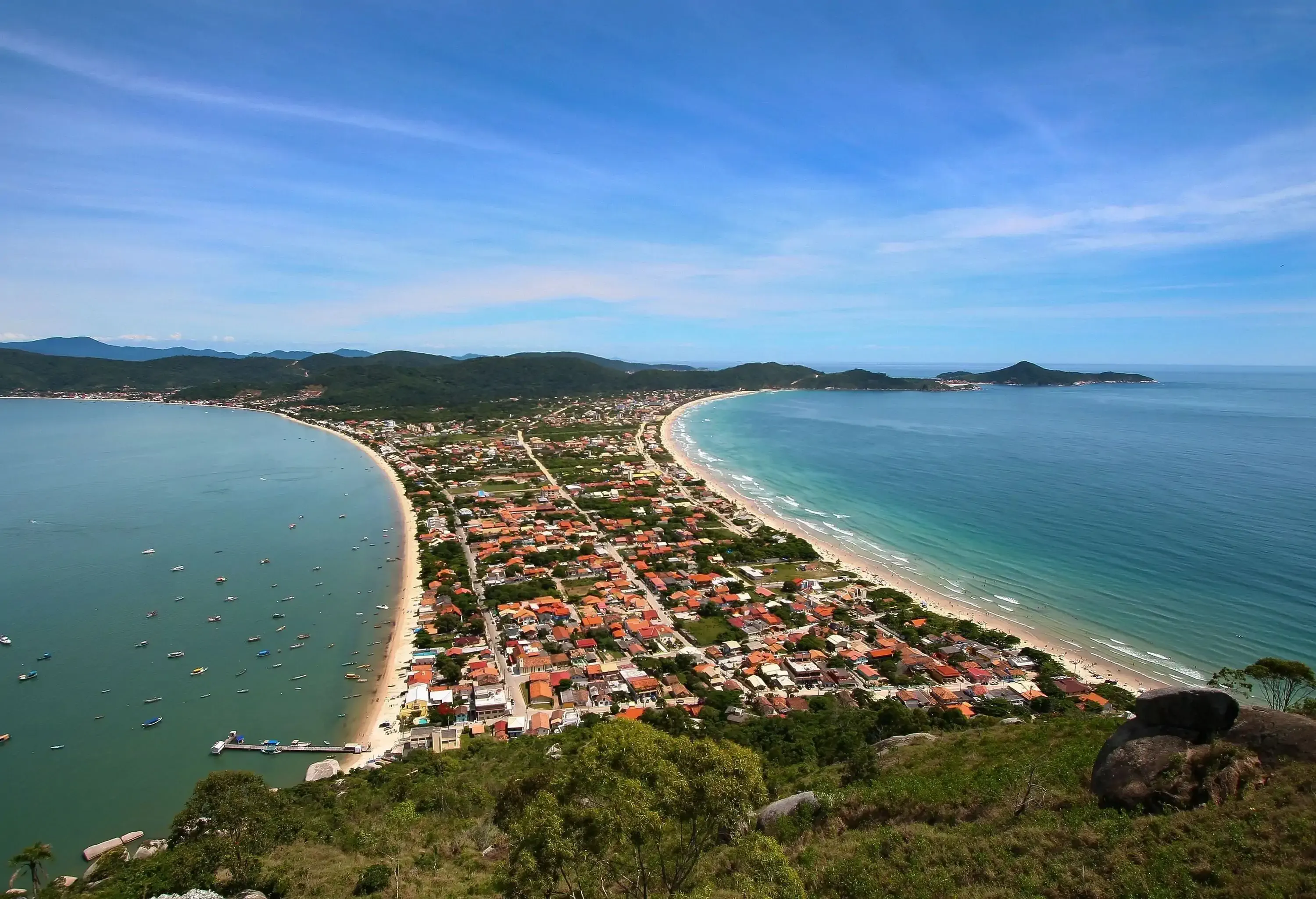 A cluster of homes in a coastal neighbourhood bordered by beaches as seen from a grassy hill.