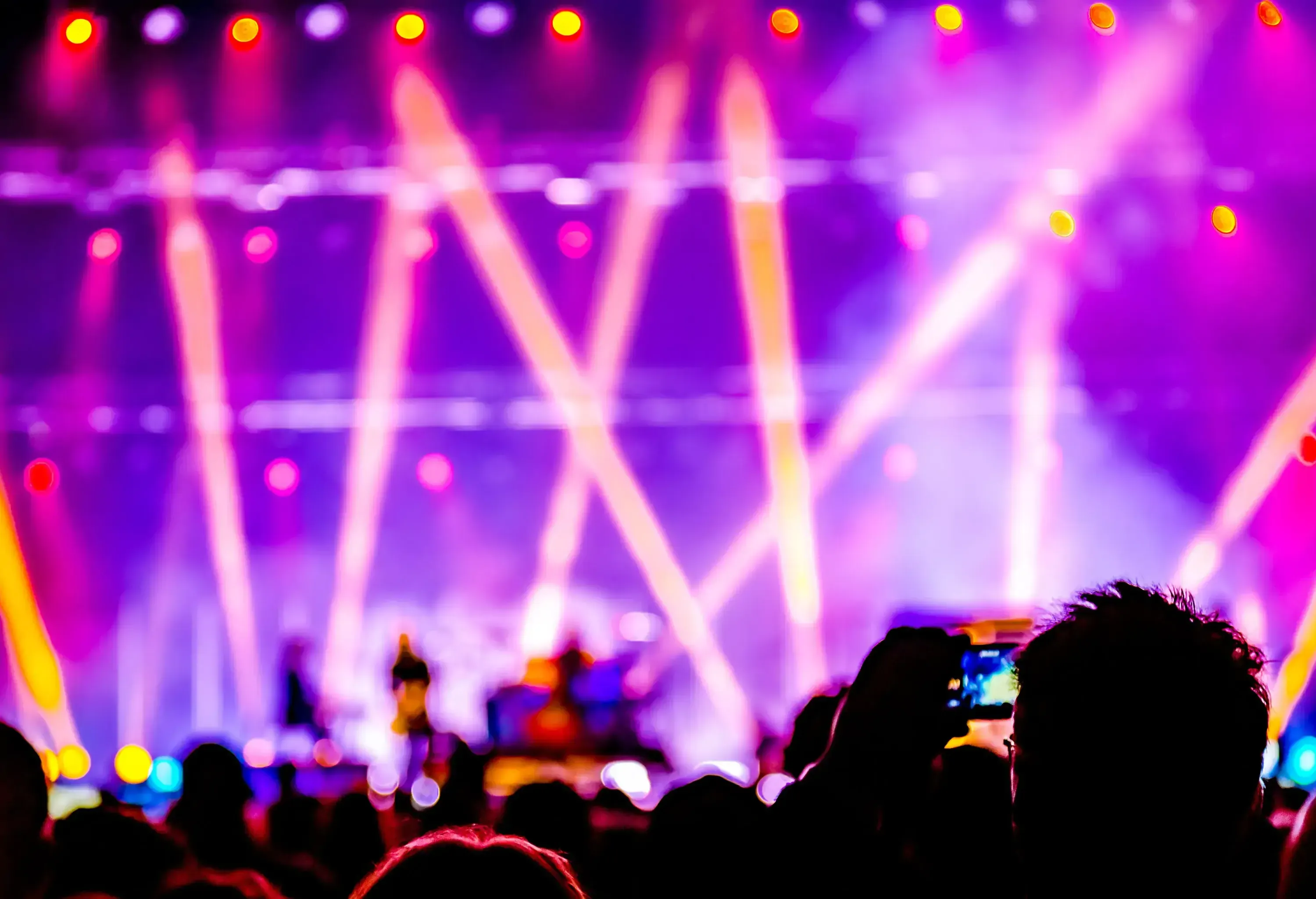 Silhouette of a crowd in a live concert against an illuminated stage.