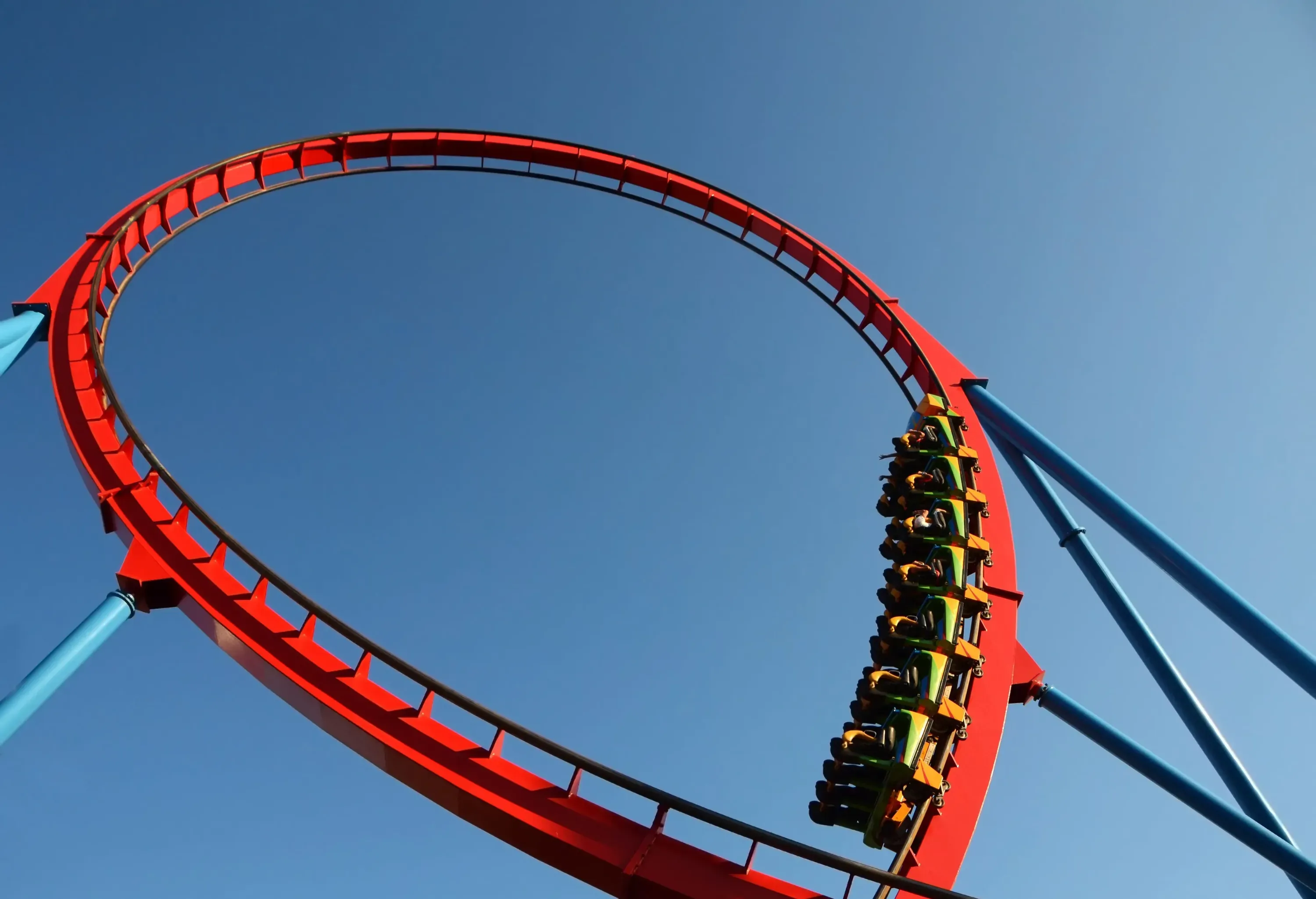 A rollercoaster travelling on twisted tracks.