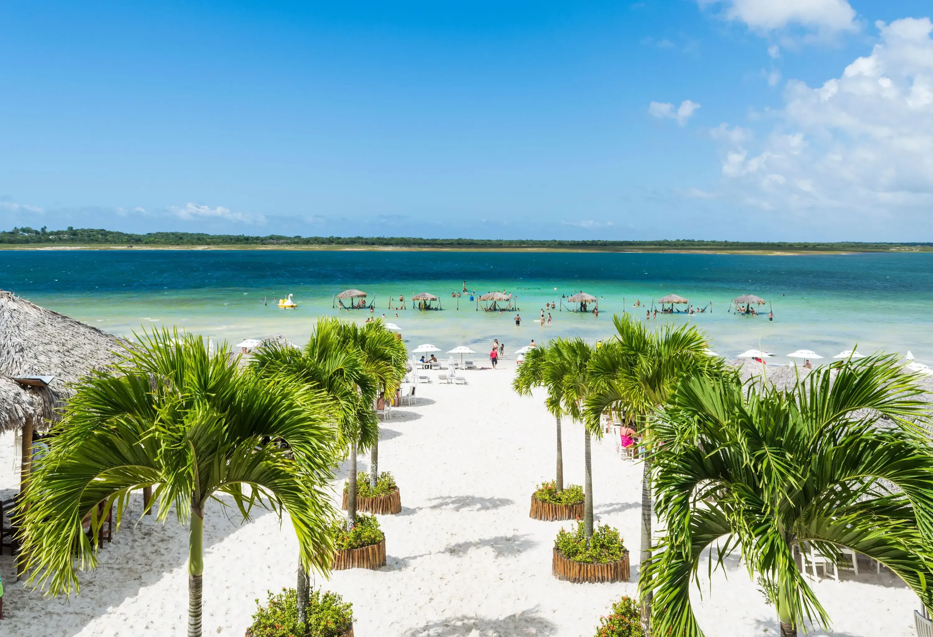 Aerial view of a paradise lagoon with tall trees and cabanas on the white sand shore of a clear water beach.