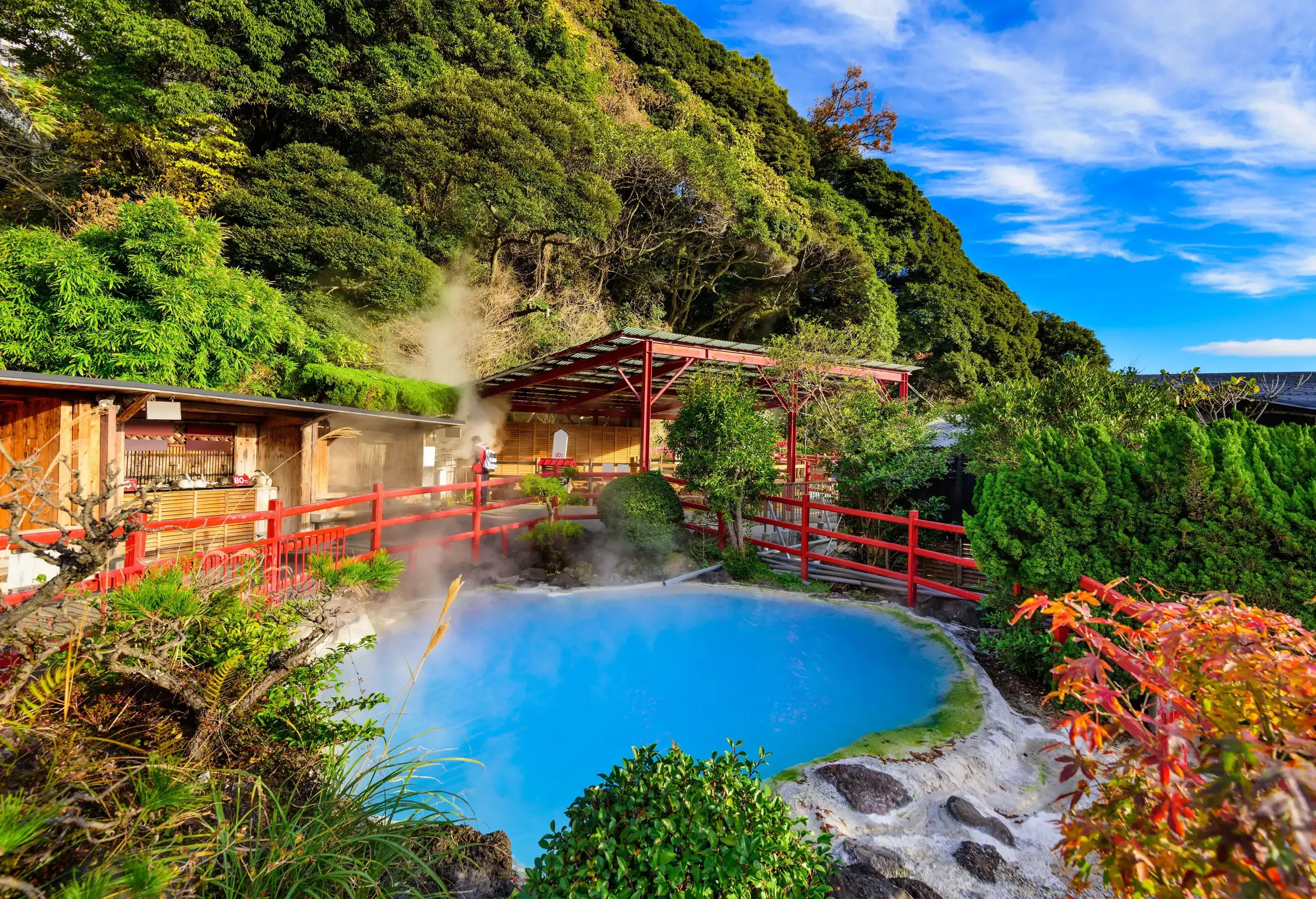 A pond of steaming blue water surrounded by trees.