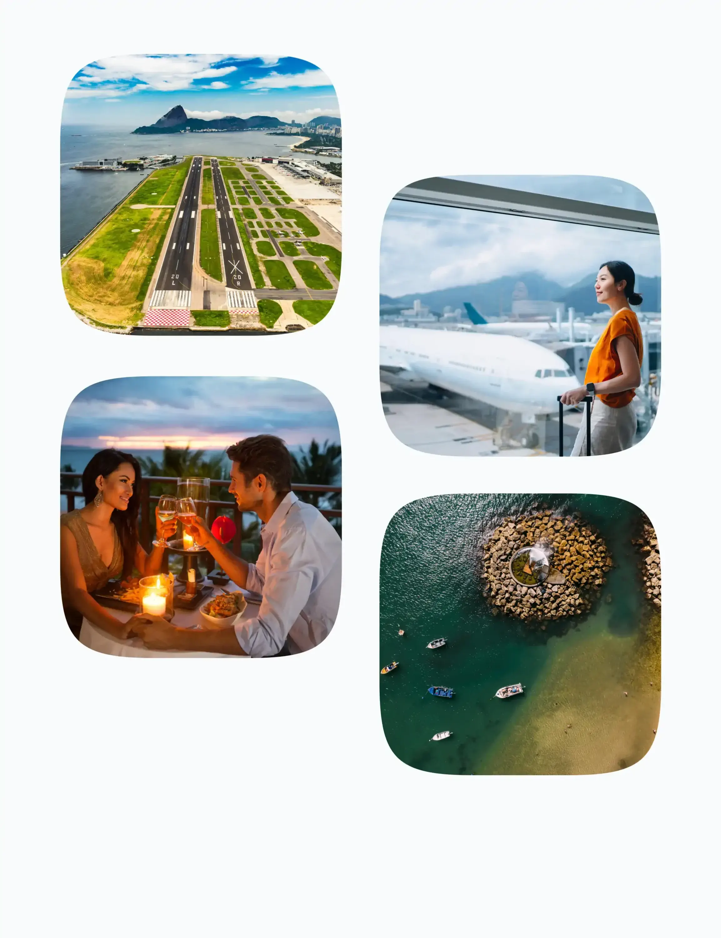 Travel moments: runways, sea views, romantic dinners, and scenic coastal escapes.