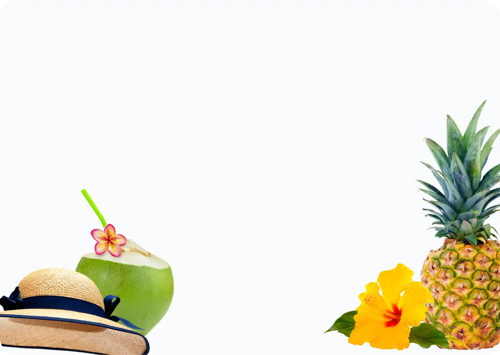 Coco verde com canudo e flor decorativa à esquerda, chapéu de palha, abacaxi e flor tropical amarela à direita, sobre fundo claro e minimalista.