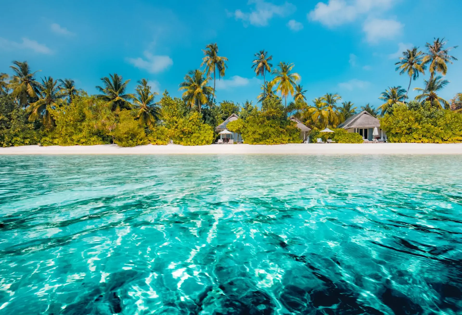 Casas sobre palafitas em uma ilha paradisíaca cercada por mar cristalino e vegetação tropical com palmeiras.