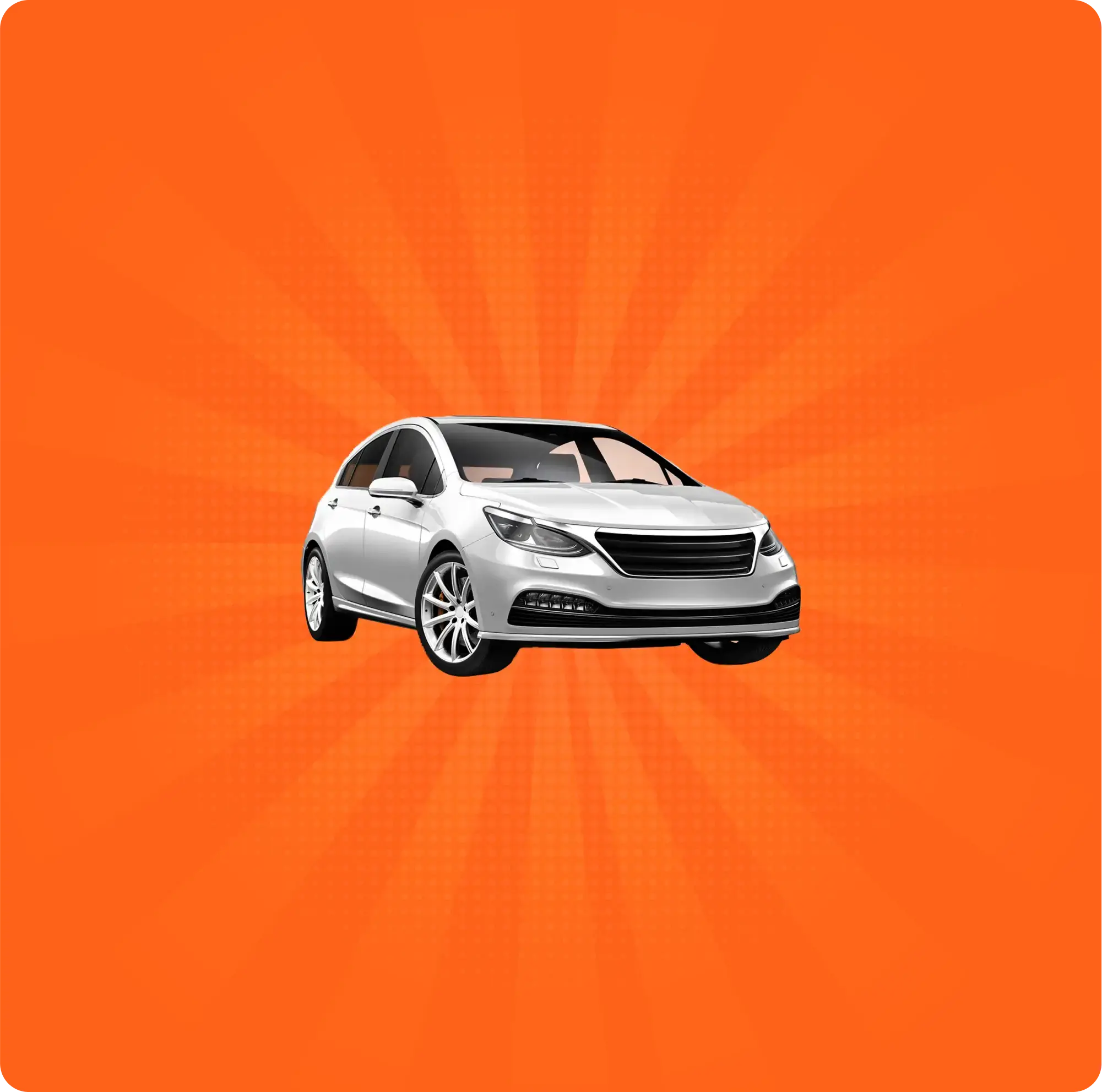 Carro branco moderno em destaque sobre fundo laranja, representando opções de aluguel de veículos para viagens.