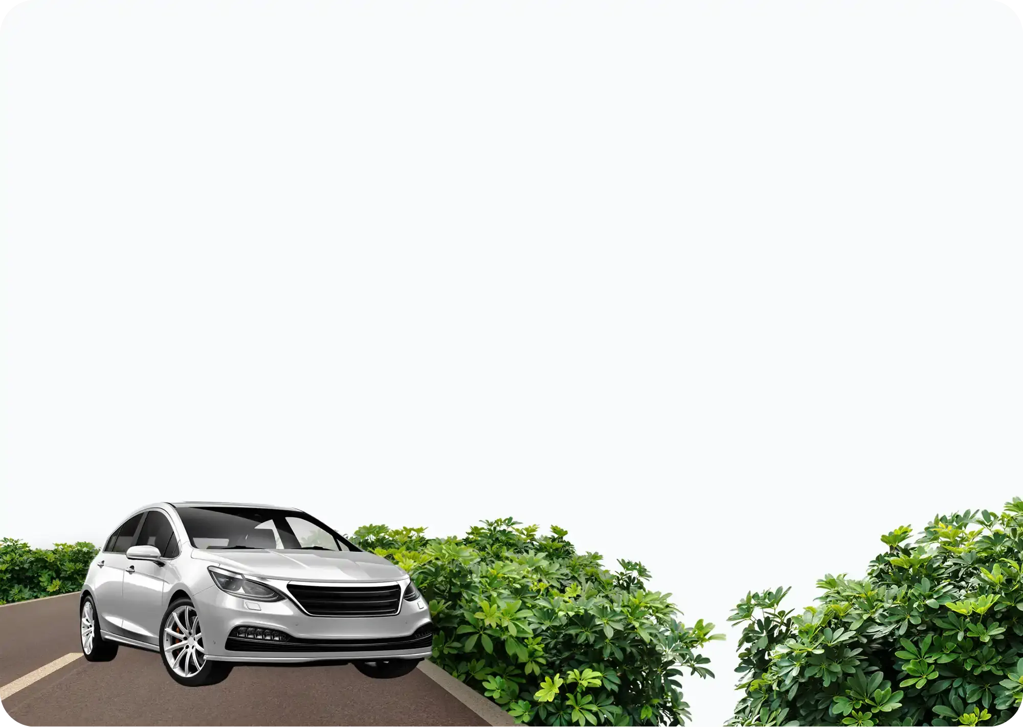 Carro prateado circulando por uma estrada ladeada por vegetação verde, com fundo claro e minimalista representando liberdade de viagem.