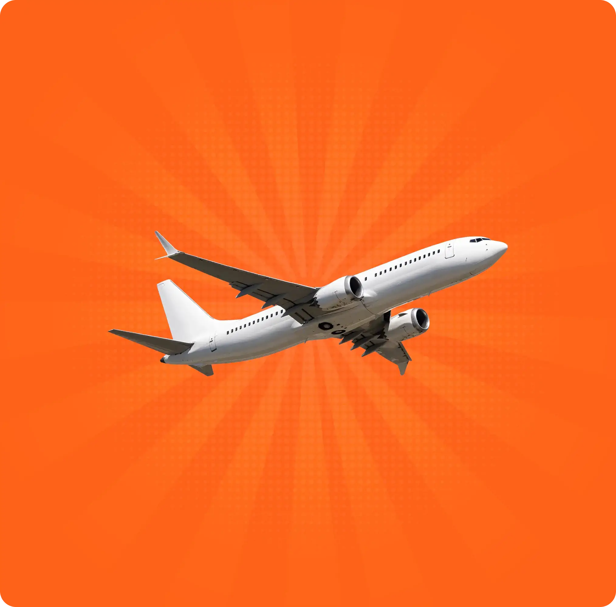 Avião branco em pleno voo sobre fundo laranja vibrante com efeito de raios, simbolizando viagens aéreas.
