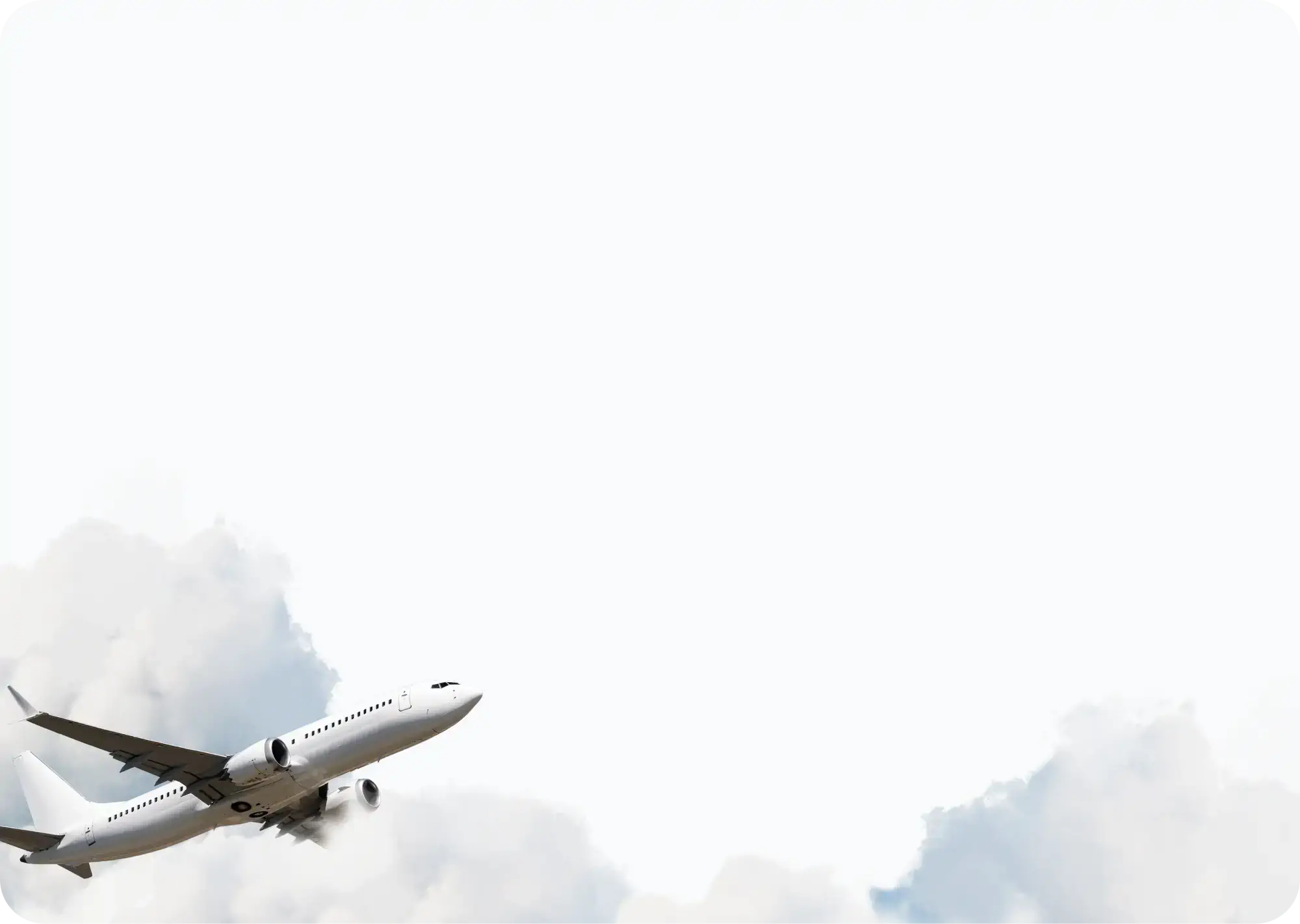 Avião comercial decolando e subindo entre nuvens brancas em um céu claro, simbolizando o início de uma viagem aérea.