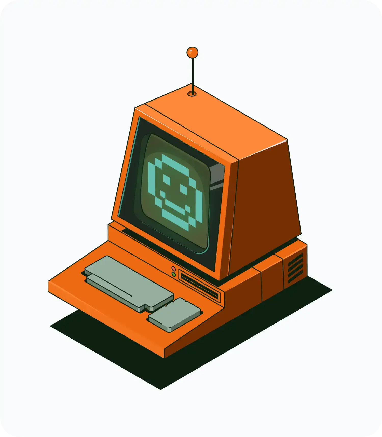 Illustration of retro-style computer with a smiling pixel face on the screen and a small antenna on top.