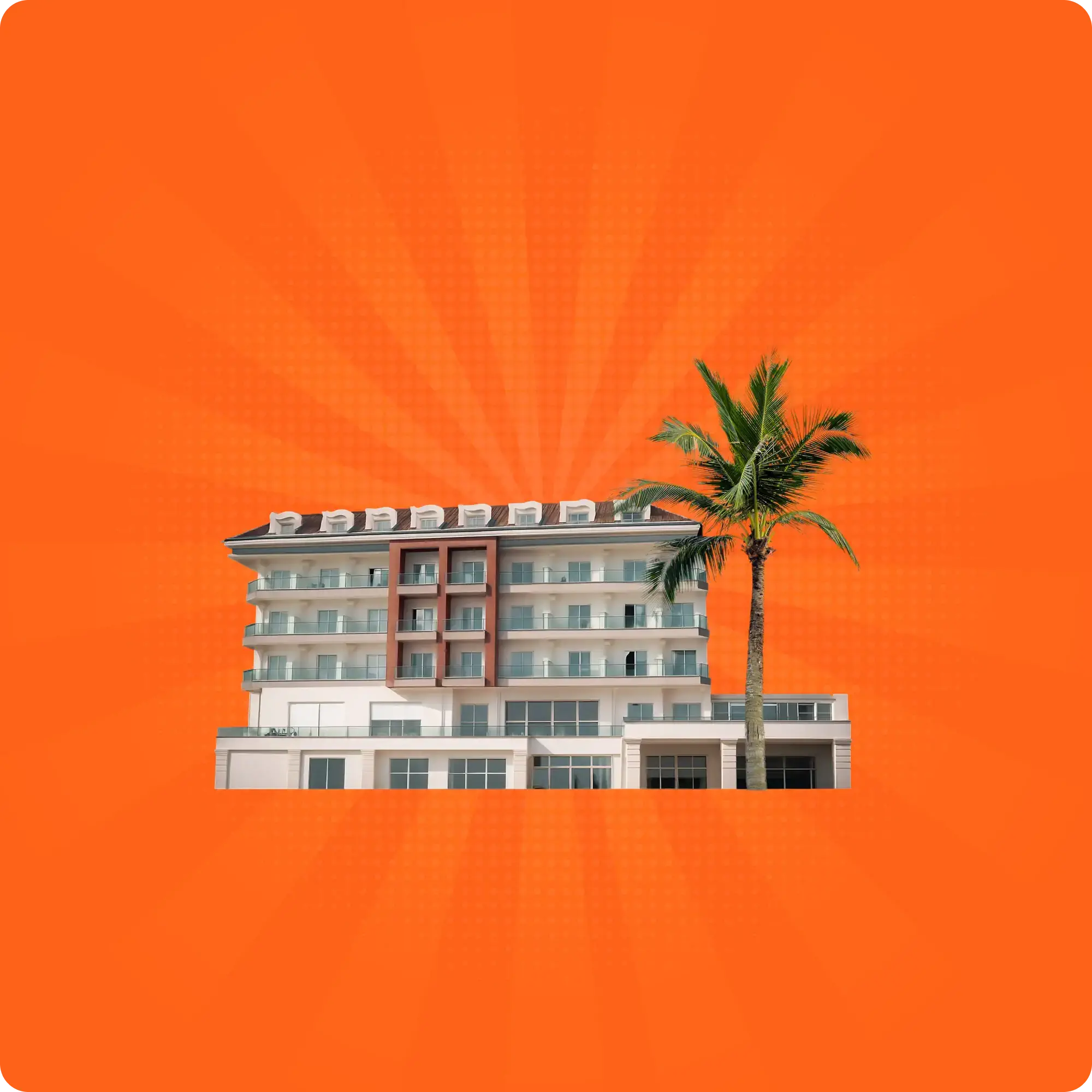Prédio de hotel moderno com palmeira ao lado, sobre fundo laranja radiante que remete a férias tropicais.